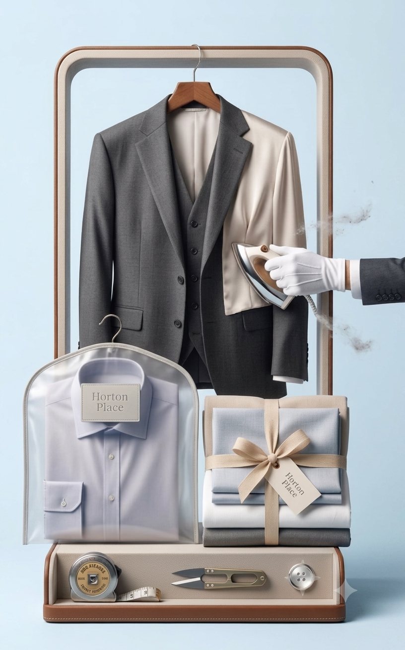 A pressed suit being steamed, a shirt in a Horton Place garment bag, a ribbon-tied bundle of folded laundry and a tailor's tray
